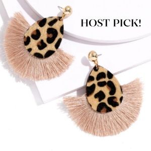 HP! Teardrop leopard tan fringe statement earrings